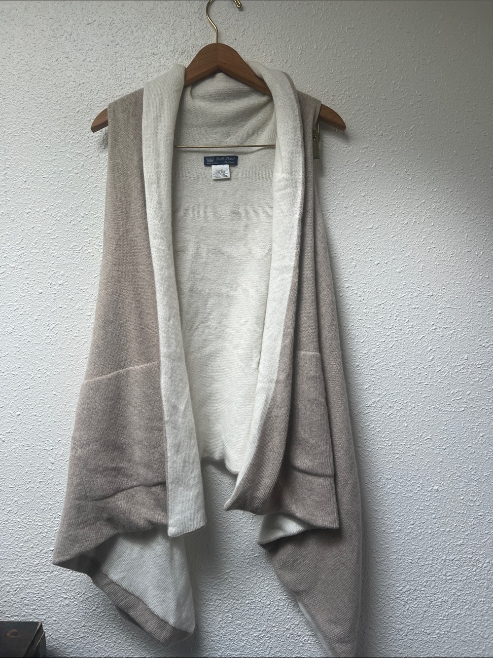 Reversible Taupe and Cream Open-Front Knit Vest Cashmere